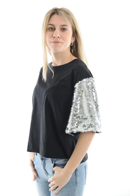 Lokita Milano T-Shirt With Sparkly Sleeves-Black with sparkly white sleeves-Fi&Co Boutique