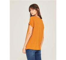 Load image into Gallery viewer, Yerse Short Sleeve T-shirt with V-neck and Knot at Bottom-Saffron-Fi&amp;Co Boutique
